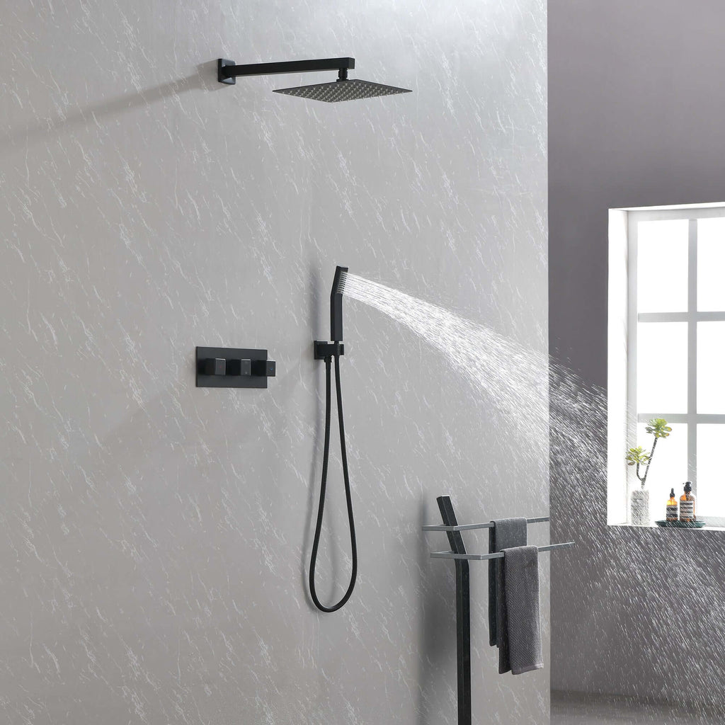 Nestivora Matte Black Shower System - Sleek & Stylish Design featuring a black luxury shower set system in a modern bathroom.