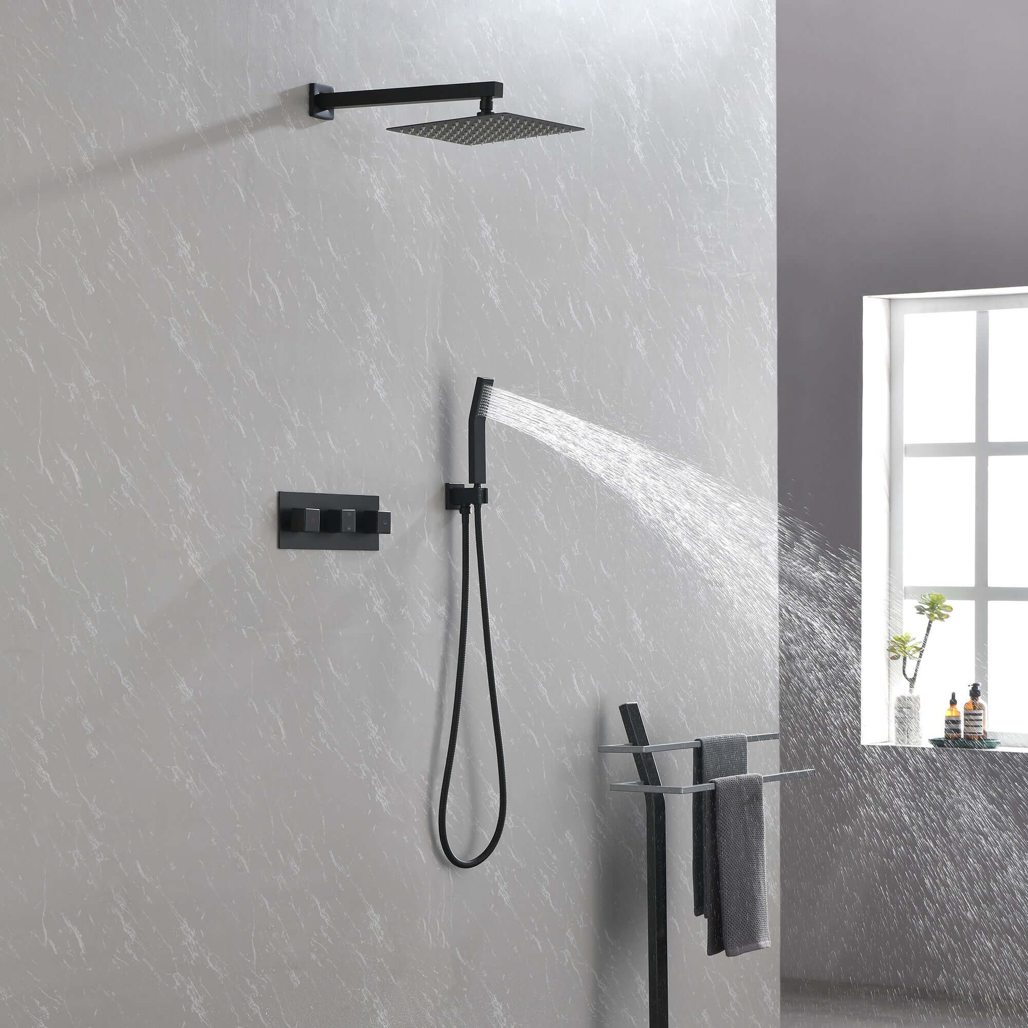 Nestivora Matte Black Shower System - Sleek & Stylish Design featuring a black luxury shower set system in a modern bathroom.
