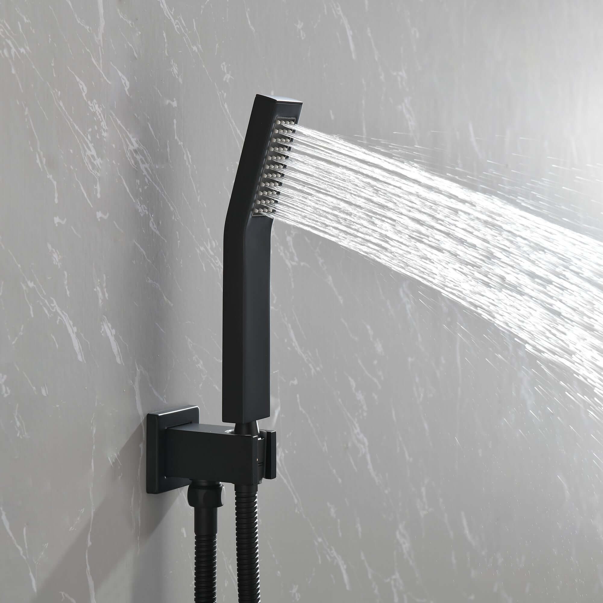 Nestivora Matte Black Shower System - Sleek & Stylish Design with flowing water from a modern shower head.
