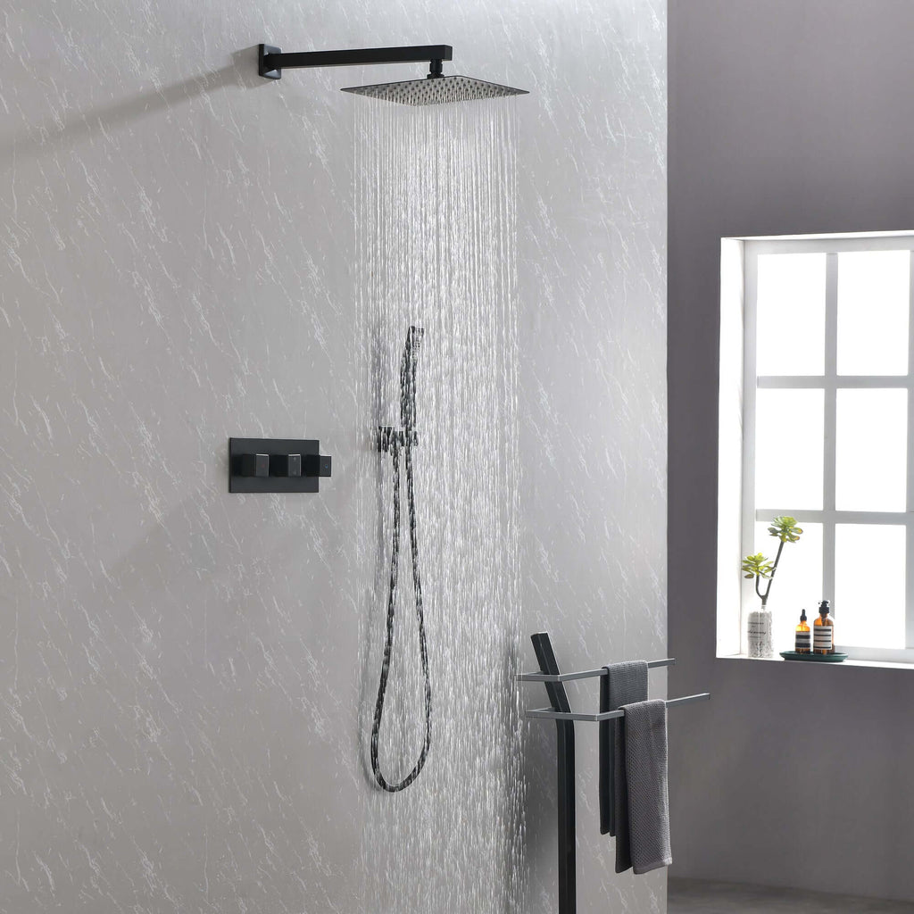 Nestivora Matte Black Shower System - Sleek & Stylish Design in modern bathroom setting with waterfall shower head.