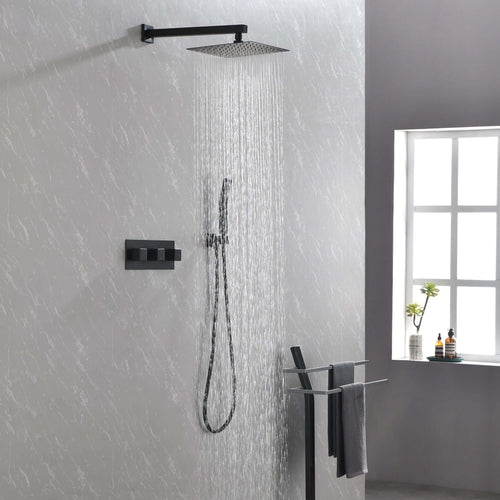 Nestivora Matte Black Shower System - Sleek & Stylish Design in modern bathroom setting with waterfall shower head.